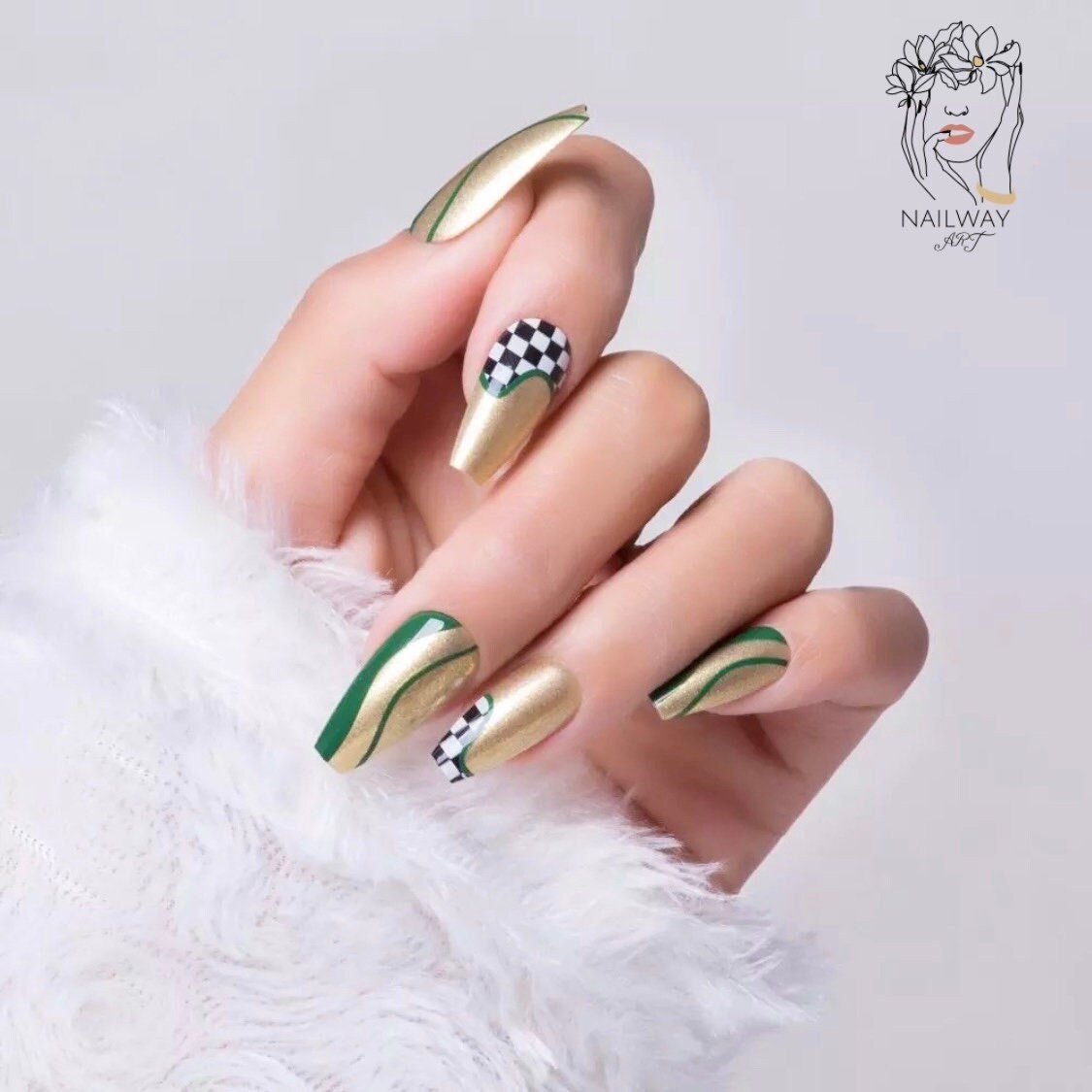 28pcs Green Gold Medium Coffin Nail Press On Nails With - Etsy