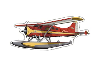 May include: A red and yellow seaplane with the registration number TMW-024. The plane has two floats and is in flight.