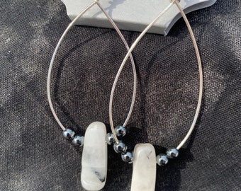 Handmade Sterling Silver Hoop Earrings with Hematite and Quartz