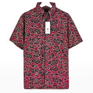 Indonesian Men Batik shirt Mega Mendung Short Sleeve Slimfit Premium Maroon, Blue, Brown, Gray, Cream, Black [Made to Order] - 72 Batik