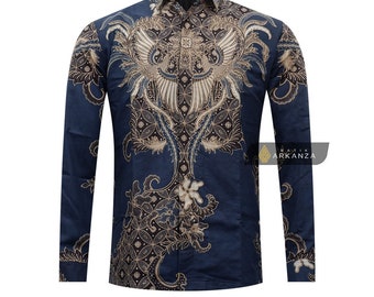 Mens Batik Long Sleeve Shirt - Navy Javanese Premium Cotton