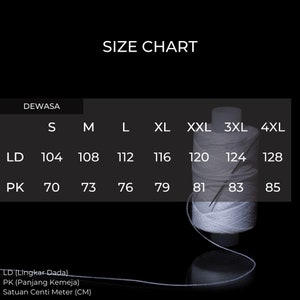 Peut inclure: Tableau des tailles pour les v&ecirc;tements des tailles S &agrave; 4XL. Le tableau indique les mesures en centim&egrave;tres pour LD (Lingkar Dada) et PK (Panjang Kemeja).