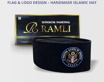 Custom Painted Black Songkok/Peci – USA Flag & Logo Design – Handmade Islamic Hat