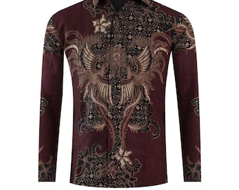 Burgundy Batik Slimfit Shirt: Men's Long Sleeve Cotton Top