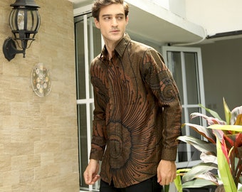 Batik Shirt Mens Long Sleeve, Dobby Slimfit Shirt with Tentaken Pattern Green Nature Brown [Made to Order] - 72 Batik