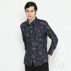 Indonesian Batik Shirt: Men&#39;s Long Sleeve Floral Print, Slim Fit