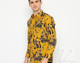 Chemise batik en coton : élégant imprimé jaune noir, manches longues