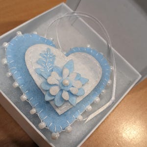 Felt heart ornament, handmade ornaments, embroidery on felt ornament Valentine&#39;s white with blue beads felt heart ornament