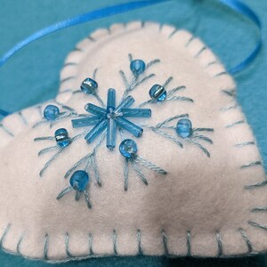 Felt heart ornament, Scandinavian ornaments, embroidery on felt ornament Valentine&#39;s white with blue beads felt heart ornament