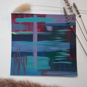 Peinture abstraite, peinture acrylique, tableau acrylique, petit, 15,7 cm x 16,7 cm, unique, pièce unique, décoration, tableau mural, vert, bleu, turquoise, violet