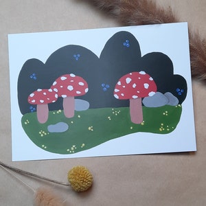 Carte postale Champignons, Gouache A6, Impression, Flore, Nature, Forêt, Plantes, Auto-peinte, Carte de vœux, Carte