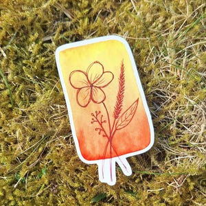 adesivo floreale, 6,5 cm, fiore, lineart su acquerello, adesivo, acquerello, arancione, giallo, erbe, stampa artistica