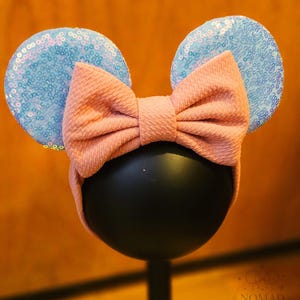 Iridescent Blue Sequin Ears Headband • Peach Waffle Knit Bow Turban Wrap