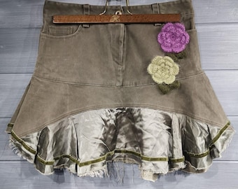 Y2K Vintage Mini Skirt UK 10 Paolo Casalini Green Velvet Floral Flare 2000's