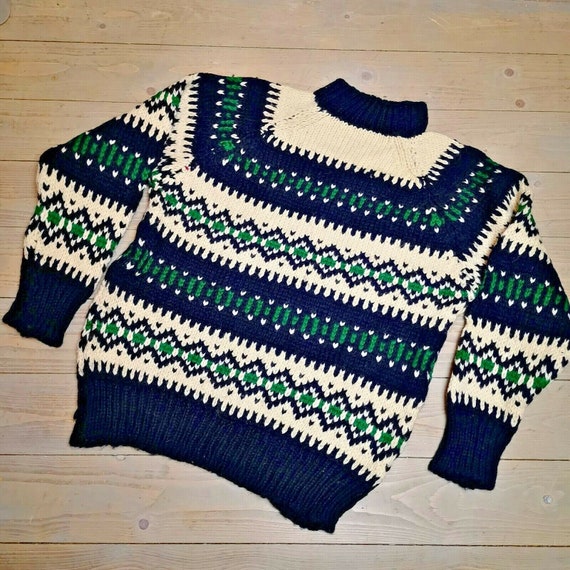Olympic Art M Navy Wool Chunky-Knit Vintage Hand … - image 1