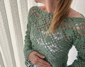 Crochet Long Sleeve Top, Handmade Summer Top, Crochet Vintage Style Blouse, Handmade Long Sleeve.