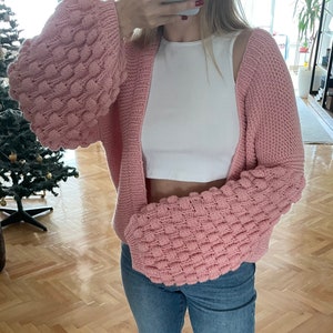 Bubble Sleeve Cardigan, Chunky Cardigan, Knit jacket, Hand made oversize chunky cardigan, pink cardigan, 2022 winter fashion, baloon sleeve