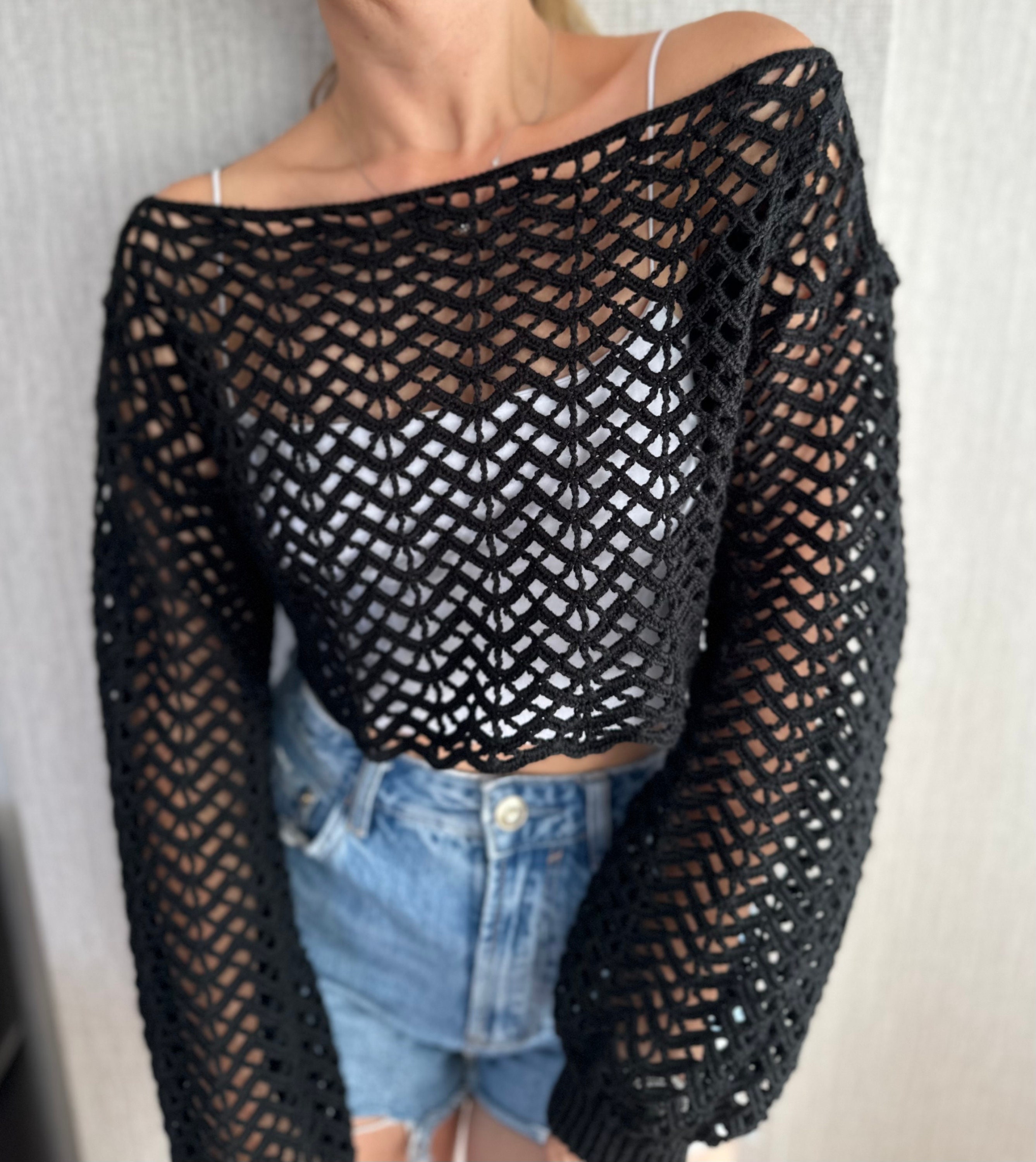 black crochet top long sleeve