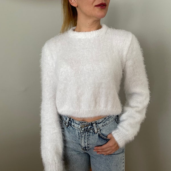 Fluffy White Mohair Sweater, Knit Sweater, Handmade Sweater, Crop Sweater