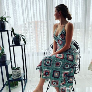 Crochet Dress, Crochet Granny Square Hand-knitted Sexy and Vintage Dress, Backless Dress, Festival Dress, Boho Style Dress, Crochet Dress