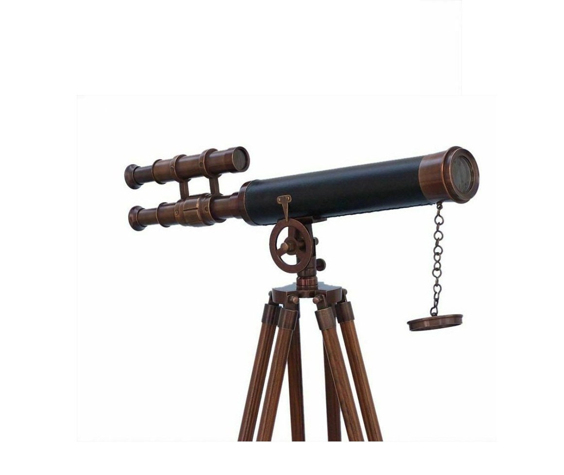 18" Brass Marine Nautical Double Barrel Telescope Navy With Wooden Tripod Stand 