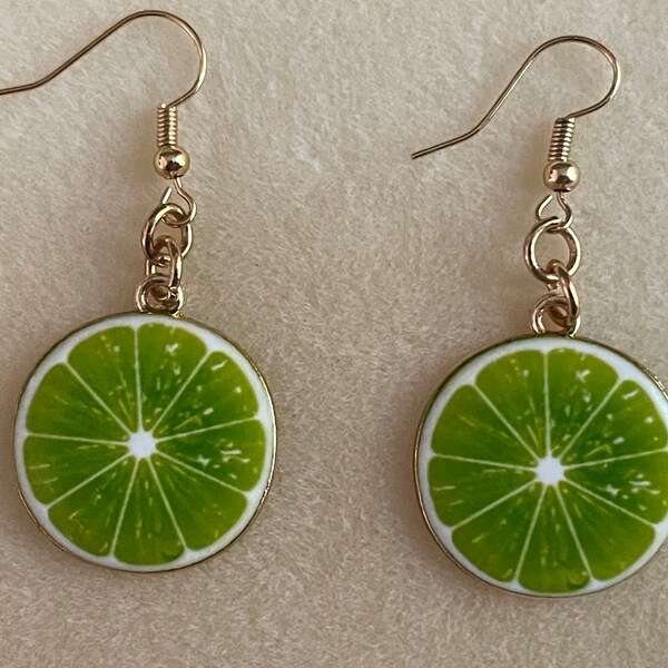 Lime Slice Green Fruit Citrus Drop Dangle Earrings