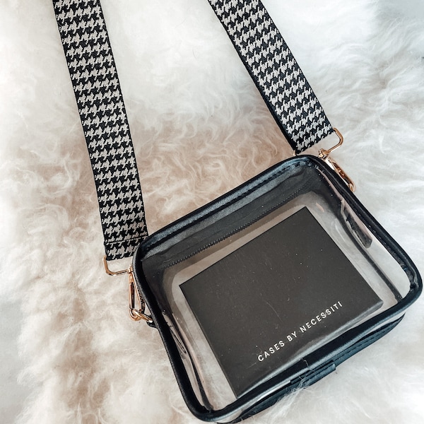 Crossbody Strap - Houndstooth Design- Adjustable and Removable Straps for Cases Clear Bags with Gold Hardware