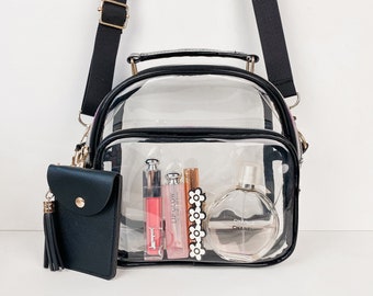NEW Clear Bag with Top Handle and Adjustable Strap for Music Festival Concerts - Game Day PVC Stadium Purse with Card Holder Wallet Keychain