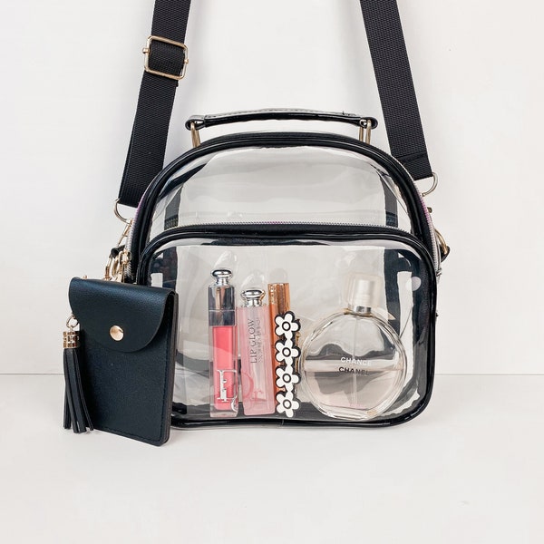 NEW Clear Bag with Top Handle and Adjustable Strap for Music Festival Concerts - Game Day PVC Stadium Purse with Card Holder Wallet Keychain