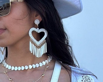 Beaded Heart Fringe Earrings - Boho Statement