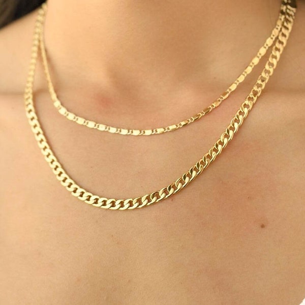 Gold Chain Necklace Layering Set - 18K Plated - Curb Link & Dainty Set