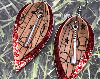 Custom color cork baseball charm earrings, baseball earrings, pinched style with glitter, team colors,