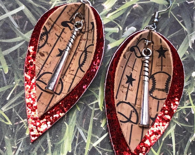 Custom color cork baseball charm earrings, baseball earrings, pinched style with glitter, team colors,