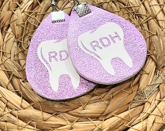 Dental earrings, handmade faux leather dangle earrings, customized with your color of choice, RDH, RDA, dental hygienist, dental assistant.