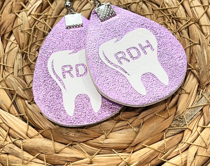 Dental earrings, handmade faux leather dangle earrings, customized with your color of choice, RDH, RDA, dental hygienist, dental assistant.