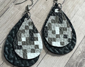 Digital gray camo earrings, camo earrings, gray, military, camouflage earrings teardrops, double layered