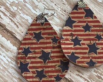 Stars and Stripes cork grunge earrings, cork earrings, patriotic earrings, customizable, glitter earrings.