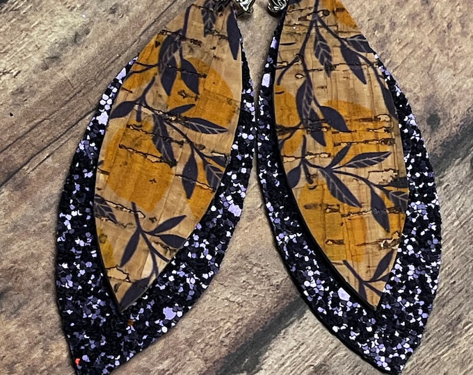 Purple and mustard cork and glitter earrings, cork earrings, purple glitter earrings, oval, fringed earrings, ready to ship.