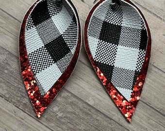 Black plaid with red glitter pinched style earrings, plaid earrings, school colors, Glitter, red glitter pinched, buffalo plaid black, plaid
