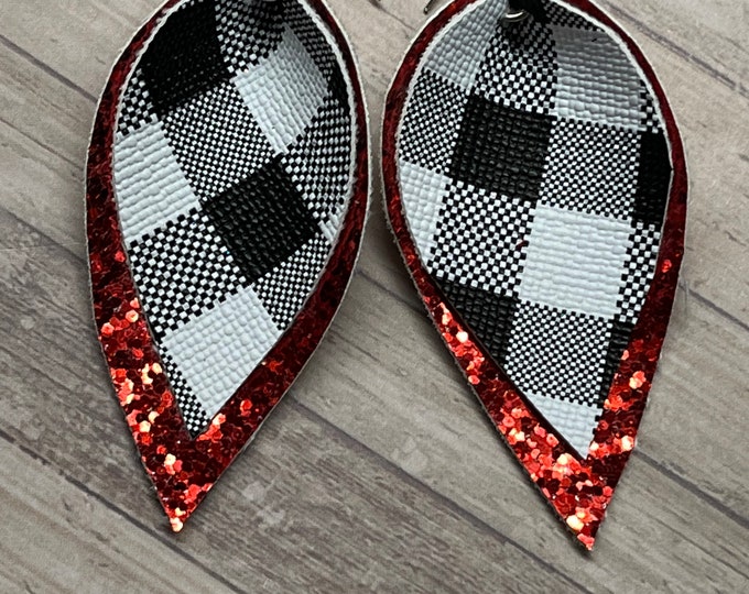 Black plaid with red glitter pinched style earrings, plaid earrings, school colors, Glitter, red glitter pinched, buffalo plaid black, plaid