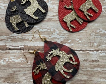 Deer earrings, assorted deer, holiday, Christmas earrings, buffalo plaid, ready to ship earrings, gold deer earrings.
