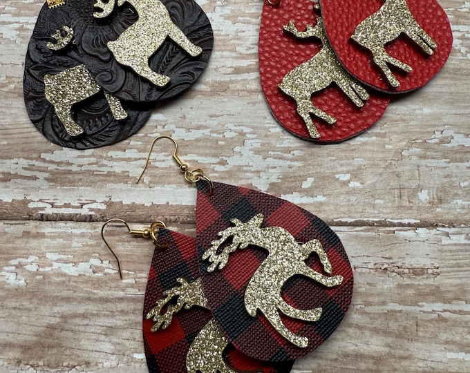 Deer earrings, assorted deer, holiday, Christmas earrings, buffalo plaid, ready to ship earrings, gold deer earrings.