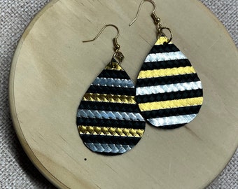 Black and gold, stripes, teardrop shaped earrings, school colors, double sided, striped earrings, team spirit colors, black, gold, silver