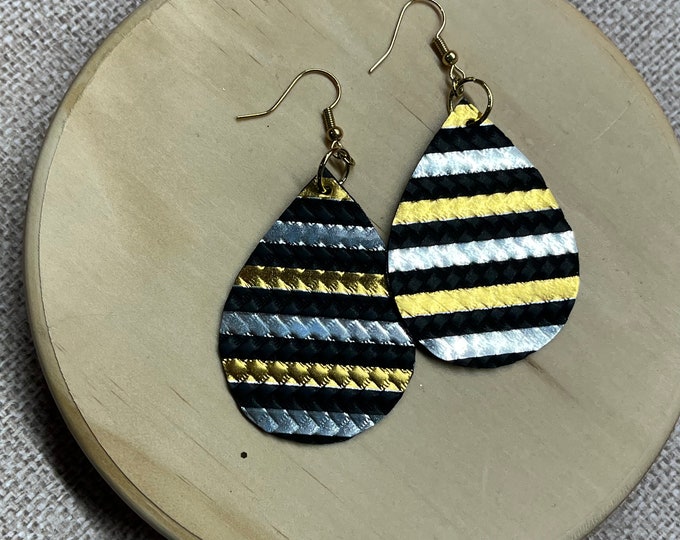 Black and gold, stripes, teardrop shaped earrings, school colors, double sided, striped earrings, team spirit colors, black, gold, silver