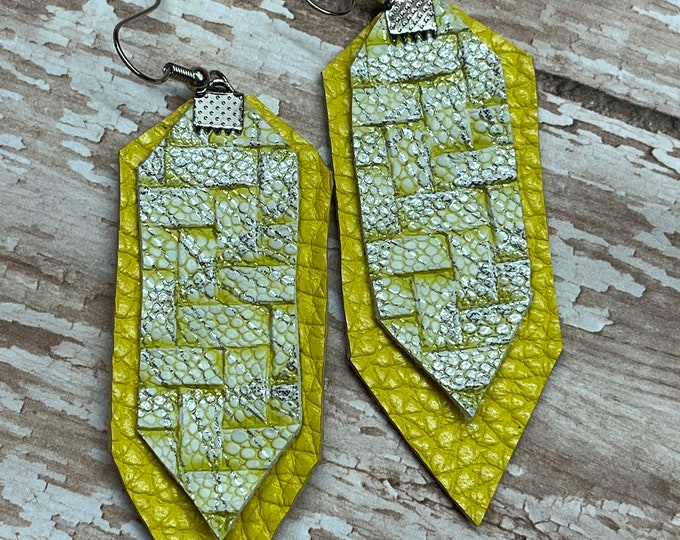 Yellow earrings, yellow basketweave earrings, yellow