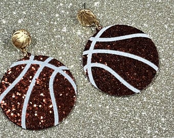 Brown glitter pierced earrings, glitter basketball earrings, basketball, sports earrings, ball earrings, ready to ship.
