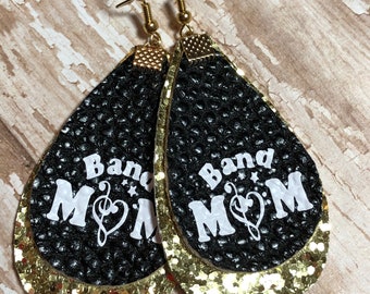 Band mom earrings, customizable with school colors and band mom logo on top, music, school earrings, band, band mom