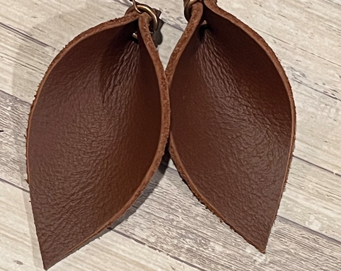 Brown leather petal earrings, genuine leather