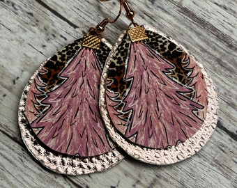 Pink Christmas tree, rose gold layered earrings. Holiday earrings, festive, pink Christmas tree, rose gold, teardrop layered earrings