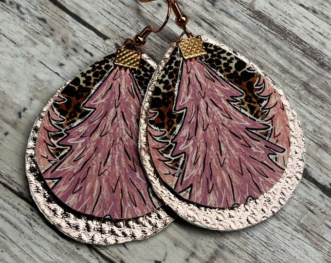 Pink Christmas tree, rose gold layered earrings. Holiday earrings, festive, pink Christmas tree, rose gold, teardrop layered earrings